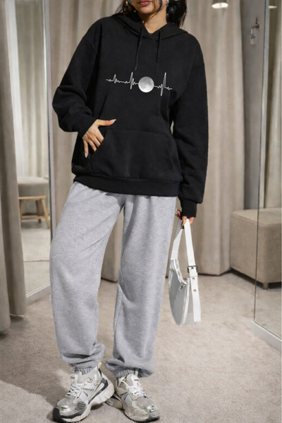 Pink Sky Unisex Pulse Printed Hooded Sweatshirt & Jogger Tracksuit Set Oversized