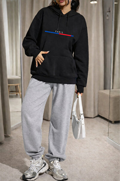 Pink Sky Unisex Paris Printed Hooded Sweatshirt & Jogger Tracksuit Set Oversized