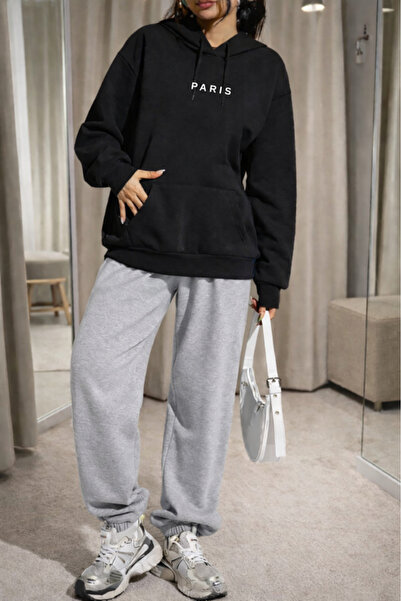 Pink Sky Unisex Paris Printed Hooded Sweatshirt & Jogger Tracksuit Set Oversized