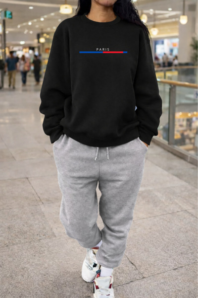 Pink Sky Unisex Paris Printed Crew Neck Sweatshirt & Jogger Tracksuit Set Ove...