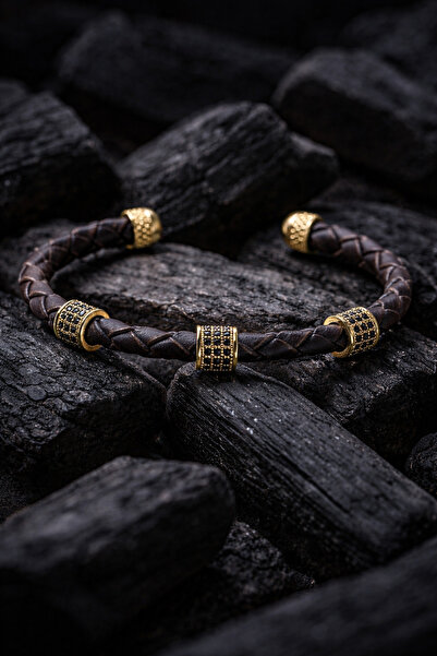 OSMANLI GÜMÜŞ Men's Bijouterie Bracelet - Brown Braided Model Black Zircon St...
