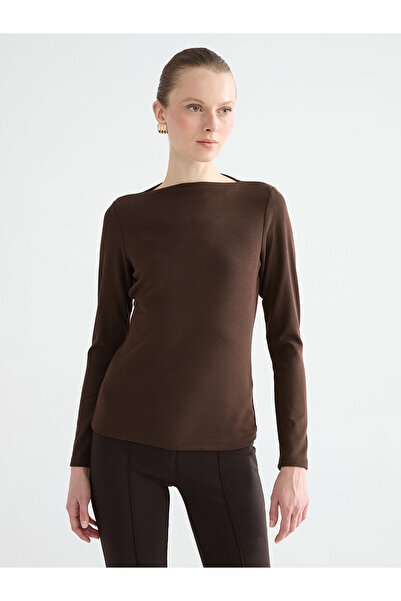 LC Waikiki Καφέ μπλούζα με λαιμόκοψη κοτλέ από το plus-store