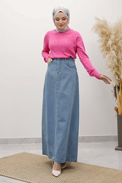 Tesettür Dünyası High Waist Denim Skirt Tsd260120 Light Blue