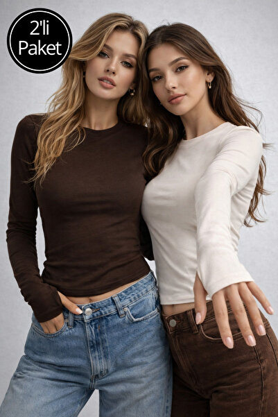 Rich Bluză cu mânecă lungă, maro, bej, 2 piese, pentru femei