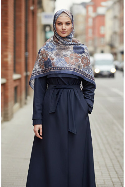 sefamerve Floral Patterned Amber Shawl 70358-04 Denim Blue