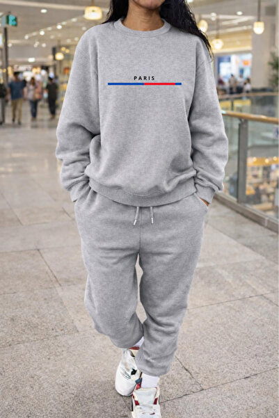 Pink Sky Unisex Paris Printed Crew Neck Sweatshirt & Jogger Tracksuit Set Ove...