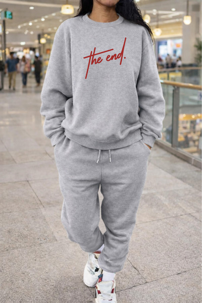 Pink Sky Unisex the End Printed Crew Neck Sweatshirt & Jogger Tracksuit Set O...