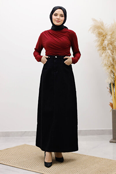 Tesettür Dünyası High Waist Denim Skirt Tsd260120 Black