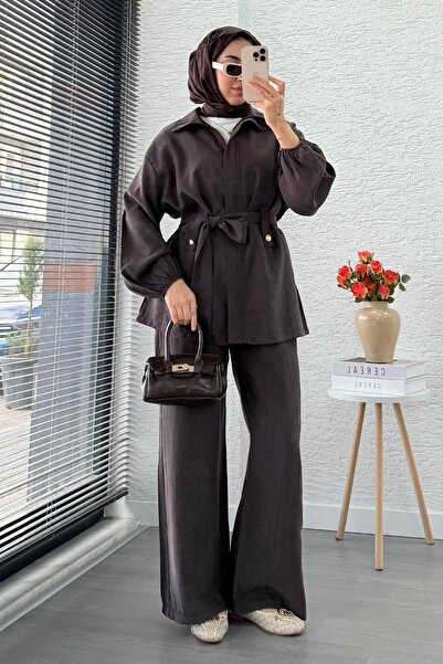 MELEK ARAZ Front Zipper High Neck Women's Two-Piece Suit - Brown