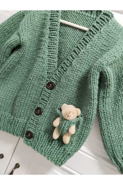 8 Ekim Tasarım Atölyesi Cute Crop Cardigan with a Teddy Bear for a 3-Year-Old
