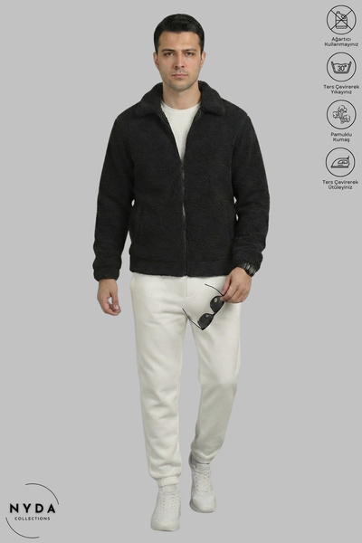 Nyda Collections Men's Long Sleeve Winter Plush Fabric Polo Neck Zipper Jacket