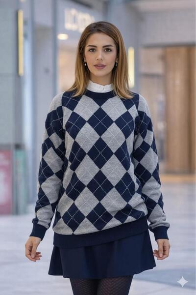 Nevin Kaya Moda Navy Blue Gray Black Oxford Sweater