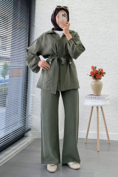 MELEK ARAZ Front Zipper High Neck Women's Two-Piece Suit - Khaki