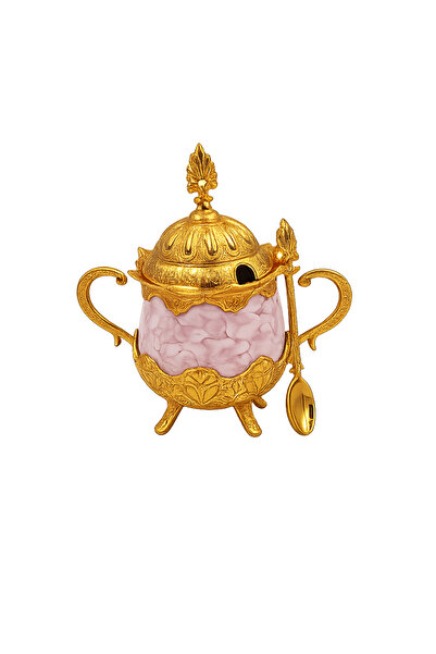 BUSEM Turkish Sugar Bowl with Pink Pattern, Gold Metal Stand, Handles, Lid & ...