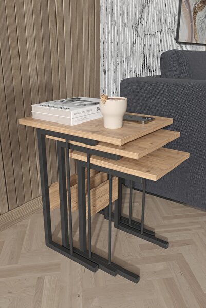 Remaks IRONA METAL AYAKLI 3LÜ ZİGON SEHPA TAKIMI-MEŞE