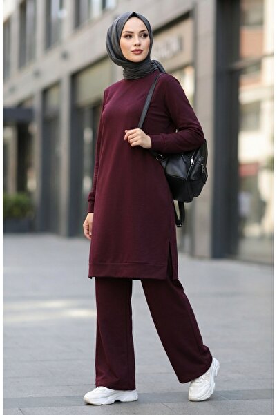 sefamerve Slit Detailed Tracksuit Set 3083-01 Plum