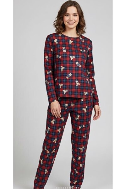 KARSEL Premium Suede Textured Teddy Bear Patterned Pajama Set