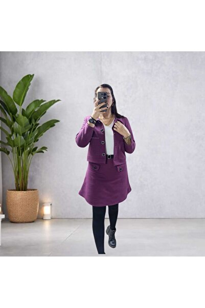 Store Kadın Mor Düğmeli Ceket Kemerli Etek Takım