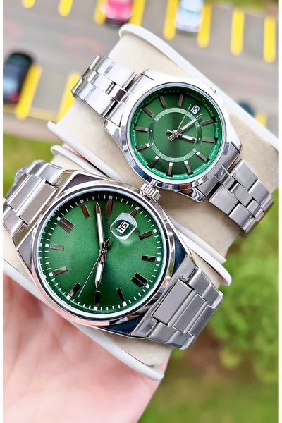 Weluxa Silver Color Green Dial Calendar Lover Couple Wristwatch + Watch Box