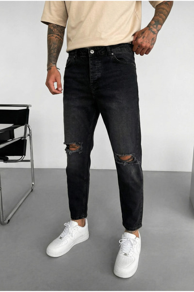 MADZEYMODA Boyfriend Carrot Cut Ripped Detailed Smoked Washed Denim Men's Jea...