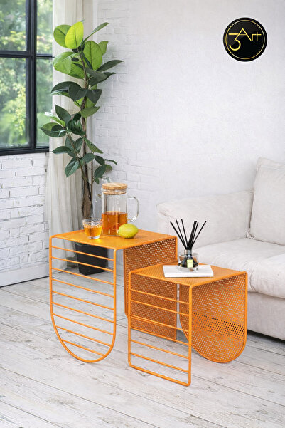 3art Metal Modern Metal Yan Sehpa Seti - Delikli Tasarım |Turuncu Dekoratif S...