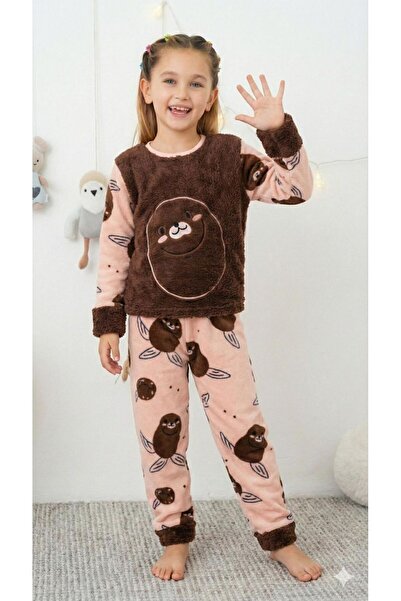 PİJAMOOD طقم بيجامة شتوية من القطيفة للفتيات باللون البني 1. قماش ويلسوفت ناع...