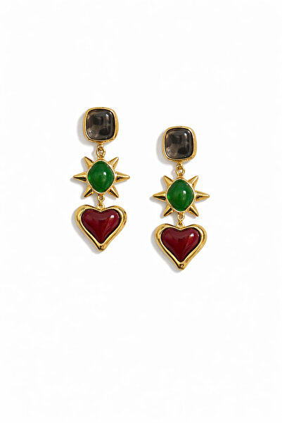 PABALAS Women's Gold Color Heart and Star Figured Stone Dangle Earrings