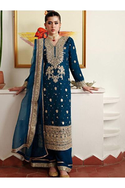 MYSMAR Royal Blue Faux Georgette Top Bottom Dupatta - HRT4829 | Royal Blue