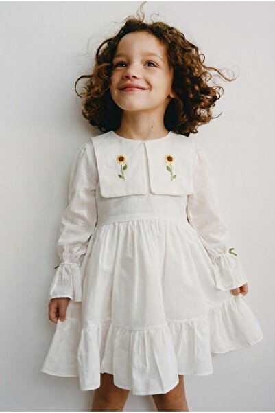 Magu Girls' Cotton White Embroidery Detailed Long Sleeve Dress