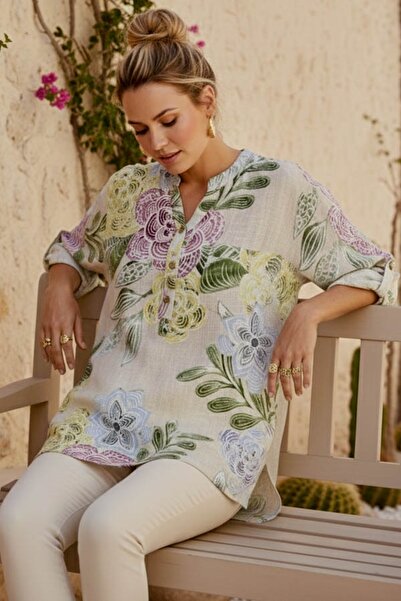 Chiccy Italian Beige Judge Collar Buttoned 3/4 Sleeve Floral Pocket Casual Li...