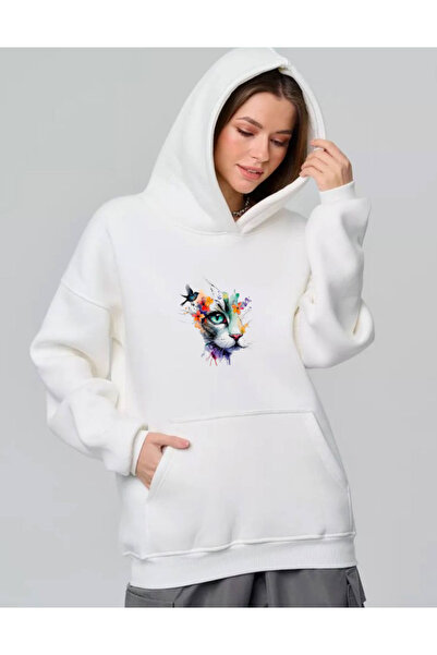 ELNOYA سويت شيرت مريح بأكمام طويلة للجنسين باللون الأبيض مكون من مطبوع خيوط م...