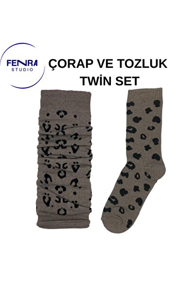 FENRA STUDIO Women's Cotton Milk Brown Leopard Printed 2-Piece Set Towel Sock...