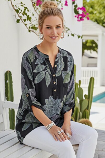 Chiccy Bluză italiană neagră, cu guler, cu nasturi, mâneci 3/4, cu buzunare f...