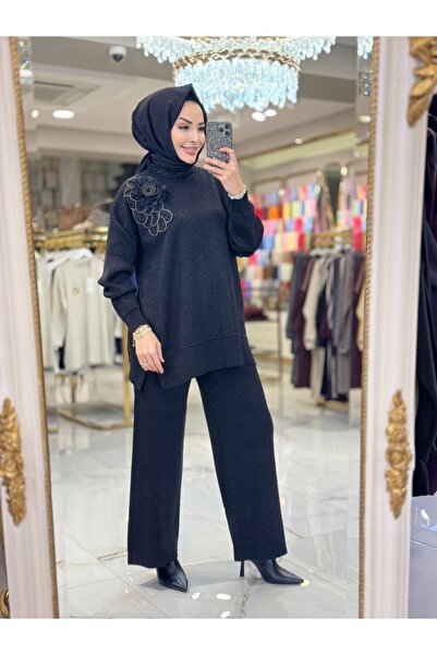 ALANURMODA 25158 Simli Omuzu Çiçek Broşlu Triko Takım