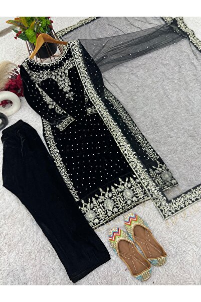 MYSMAR Black Viscose Velvet Kameez Salwar & Dupatta- HRT5586 | Black