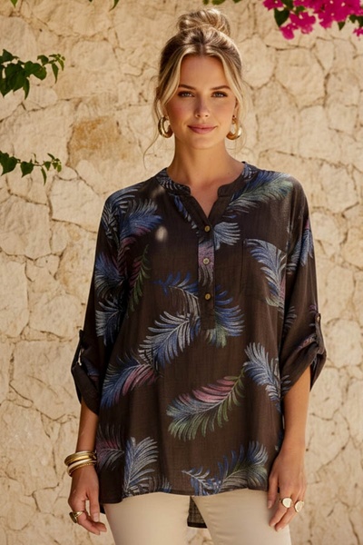 Chiccy Italian Brown Judge Collar Buttoned 3/4 Sleeve Leaf Patterned Linen Lo...