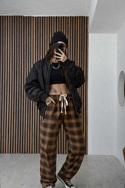 RE7EDİ Coffee Black Harajuku Square Pattern Unisex Pajamas Tracksuit