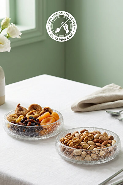 Glamis Selen Concept Çakıl Model El Yapımı Orta Boy Cam Sunum Kasesi 2'li Set