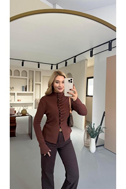 Sezgi Tekin Mock Neck Draped Brown Knitwear Cardigan