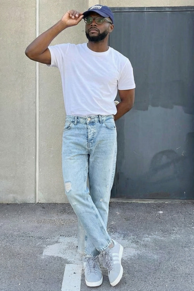 MADZEYMODA Boyfriend Carrot Cut Ripped Detail Snow Wash Men's Denim Jean Trou...