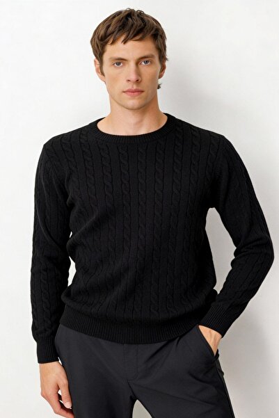 Desen Triko Men's Crew Neck Hair Braided Sweater Black
