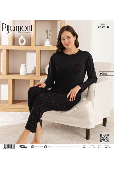 Pijamoni Bambu Milan Kumaş Siyah Renkli Sıfır Yaka Uzun Kollu Kadın Pijama Ta...