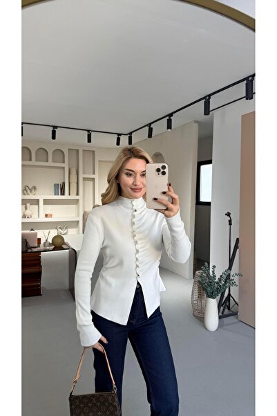 Sezgi Tekin Mock Neck Draped Ecru Knitwear Cardigan