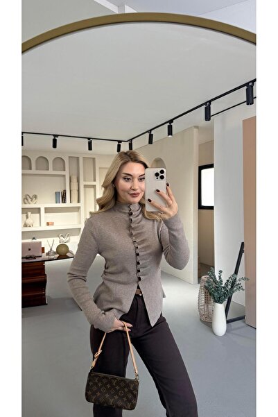 Sezgi Tekin Mock Neck Draped Mink Knitwear Cardigan