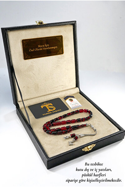 TESBİHSARAYI Ateş Kehribar Tesbih – Kişiye Özel Kare Kutu – Harfli Çift Püskü...