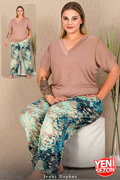 Jenny Daphne Cloud Pattern Loose Wide Leg Pajamas Short Sleeve Crew Neck Visc...