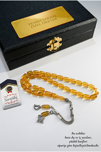 TESBİHSARAYI Ateş Kehribar Tesbih – Kişiye Özel Kare Kutu – Harfli Çift Püskü...