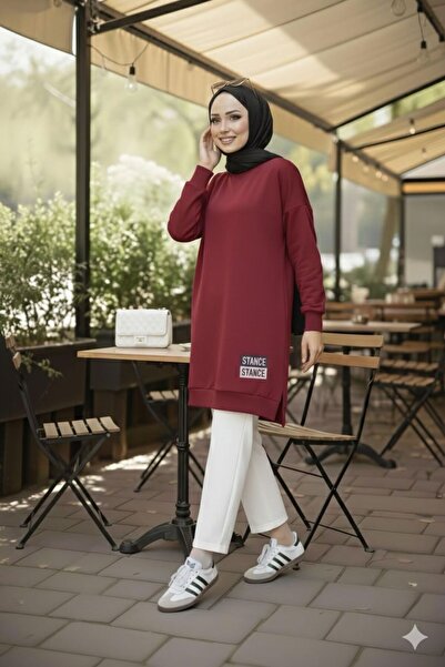 MEİLİN Burgundy Crew Neck Embroidered Tunic