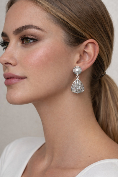 PABALAS Women's Silver Color Pearl Detailed Drop Stone Dangle Earrings