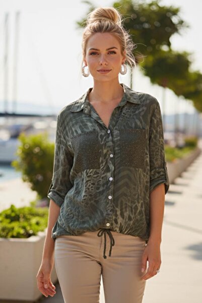 Chiccy Italian Khaki Shirt Collar Buttoned 3/4 Sleeve Patterned Buttoned Sequ...